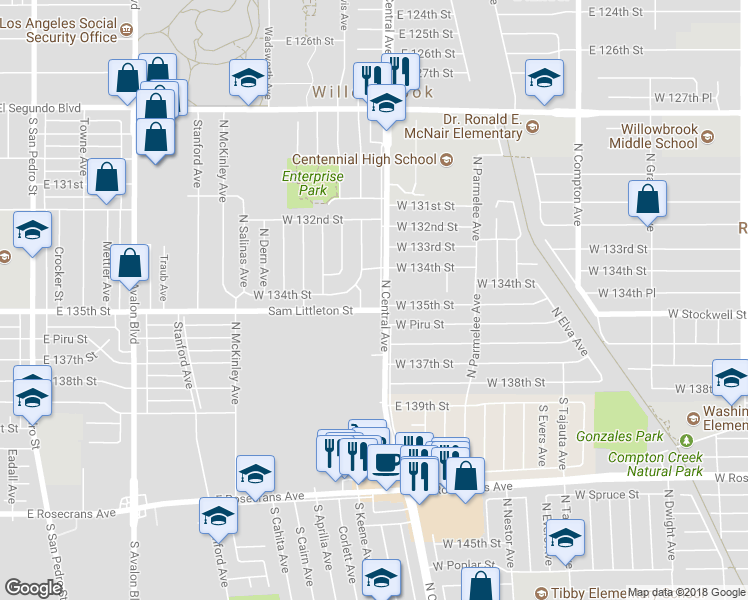 map of restaurants, bars, coffee shops, grocery stores, and more near 1805 North Central Avenue in Los Angeles