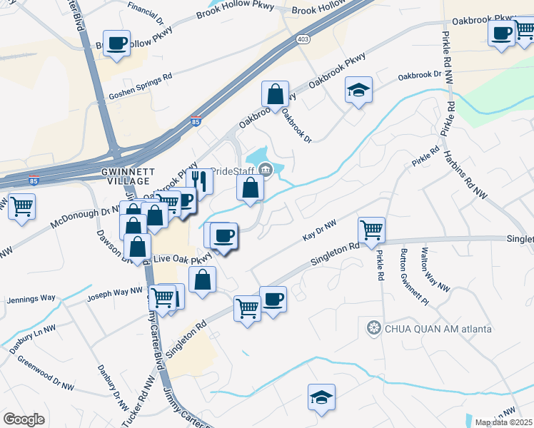 map of restaurants, bars, coffee shops, grocery stores, and more near 6023 Brookside Oak Circle in Norcross
