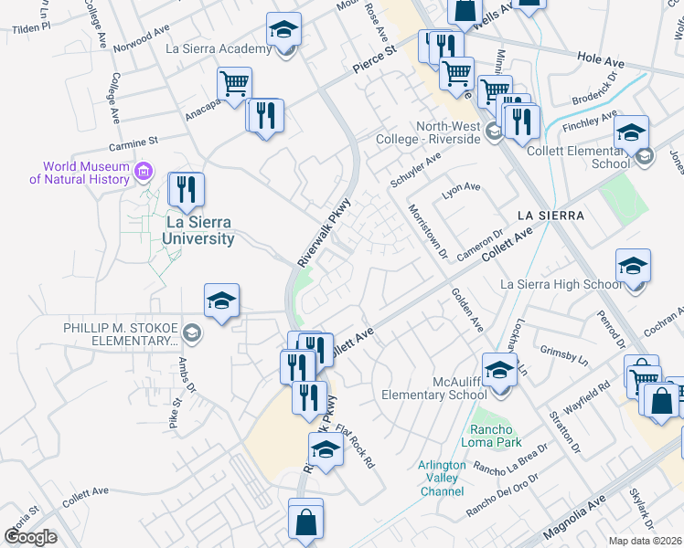map of restaurants, bars, coffee shops, grocery stores, and more near 11533 Bridgecourt Drive in Riverside