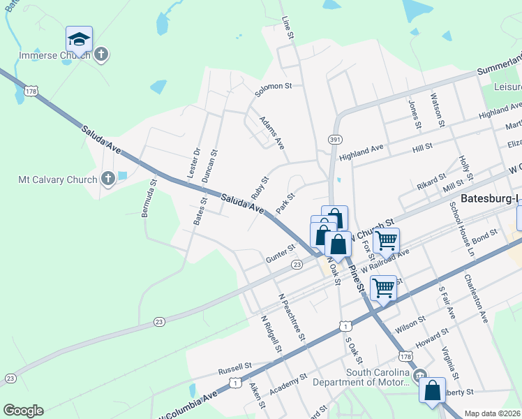 map of restaurants, bars, coffee shops, grocery stores, and more near Short Street in Batesburg-Leesville