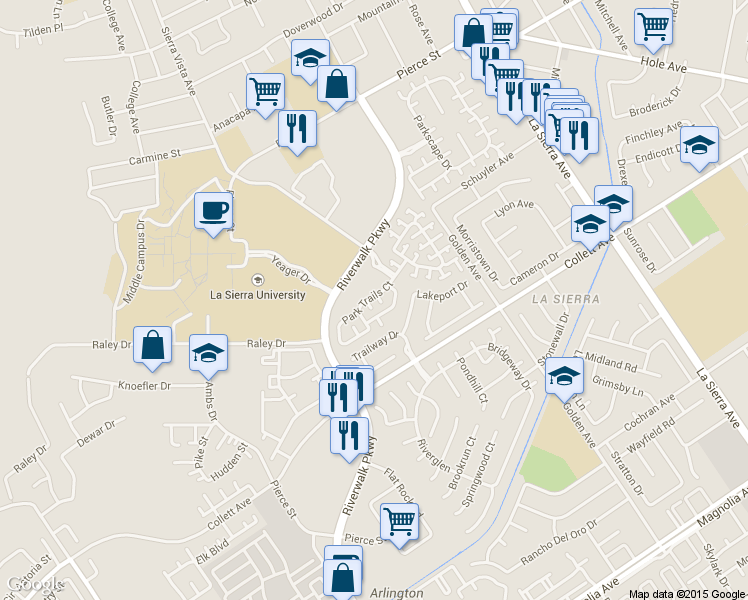 map of restaurants, bars, coffee shops, grocery stores, and more near 11533 Bridgecourt Drive in Riverside