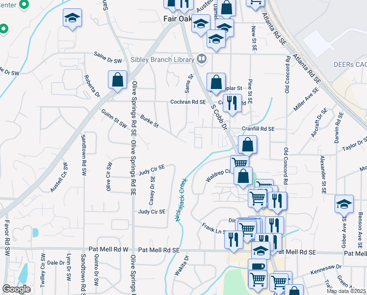 map of restaurants, bars, coffee shops, grocery stores, and more near 150 Burke Street in Marietta