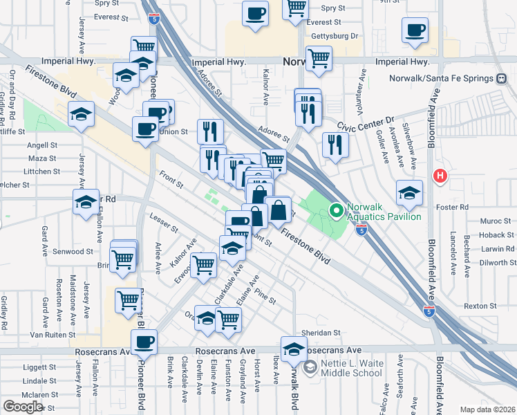 map of restaurants, bars, coffee shops, grocery stores, and more near in Norwalk