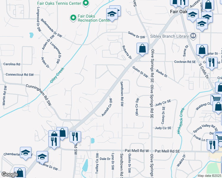 map of restaurants, bars, coffee shops, grocery stores, and more near 1788 Austell Road in Marietta