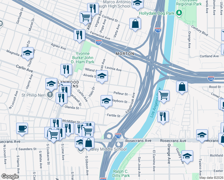 map of restaurants, bars, coffee shops, grocery stores, and more near in Lynwood