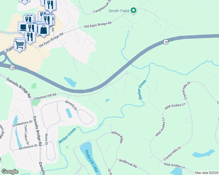 map of restaurants, bars, coffee shops, grocery stores, and more near 1030 Chestnut Lane in Athens