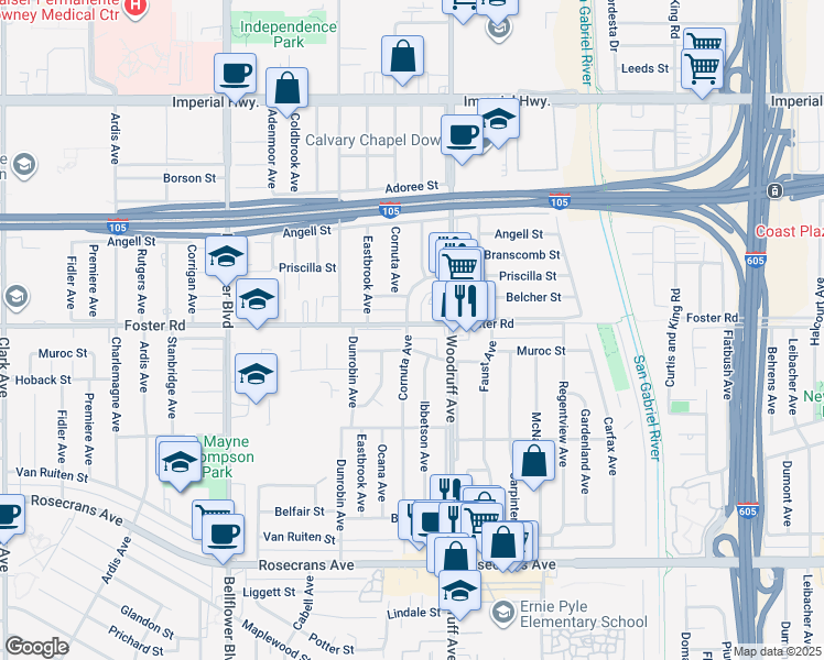 map of restaurants, bars, coffee shops, grocery stores, and more near 10004 Foster Road in Bellflower