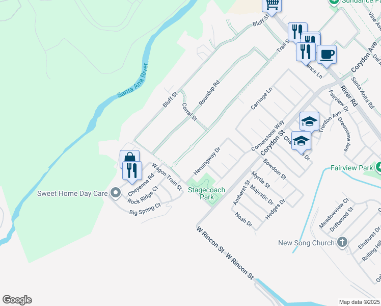 map of restaurants, bars, coffee shops, grocery stores, and more near 5421 Trail Street in Norco