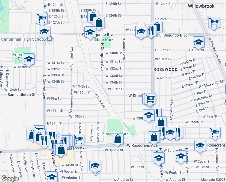 map of restaurants, bars, coffee shops, grocery stores, and more near 1210 West 134th Street in Compton