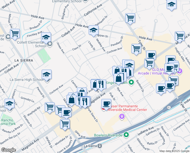 map of restaurants, bars, coffee shops, grocery stores, and more near 10720 Kloiber Street in Riverside