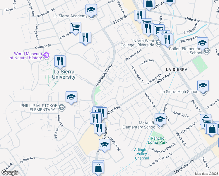 map of restaurants, bars, coffee shops, grocery stores, and more near 11533 Bridgecourt Drive in Riverside