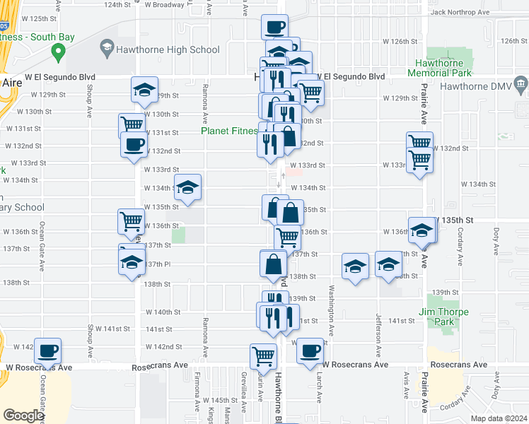 map of restaurants, bars, coffee shops, grocery stores, and more near in Hawthorne