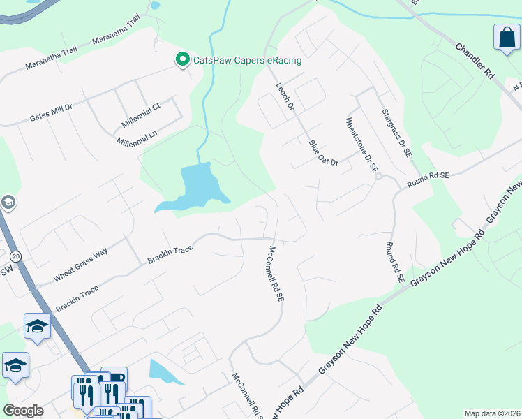 map of restaurants, bars, coffee shops, grocery stores, and more near 1727 Bridgeview Drive in Grayson