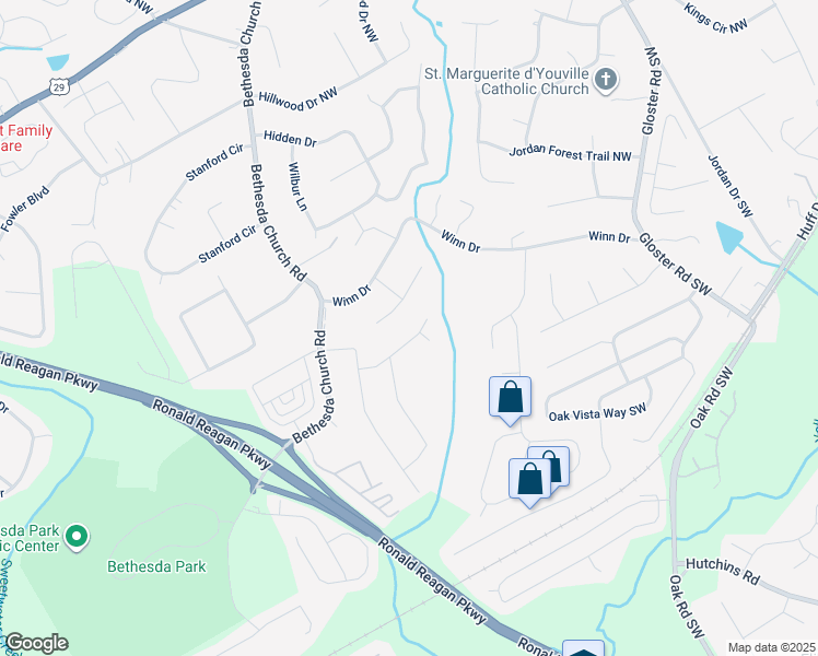 map of restaurants, bars, coffee shops, grocery stores, and more near 3075 Conrad Drive Southwest in Lawrenceville