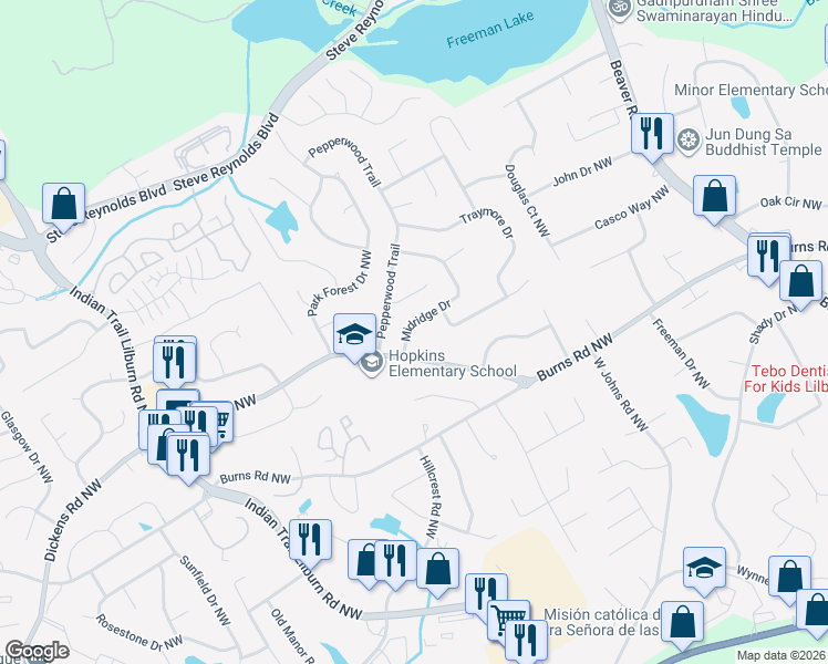 map of restaurants, bars, coffee shops, grocery stores, and more near 4686 Midridge Drive in Norcross