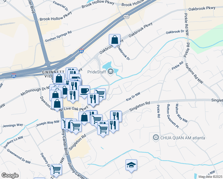 map of restaurants, bars, coffee shops, grocery stores, and more near 6023 Brookside Oak Circle in Norcross