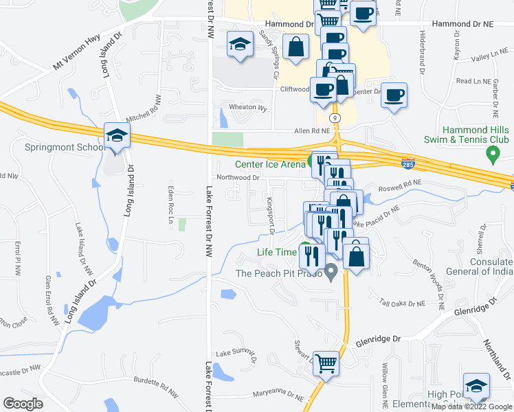 map of restaurants, bars, coffee shops, grocery stores, and more near 5560 Kingsport Drive in Atlanta