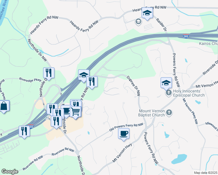 map of restaurants, bars, coffee shops, grocery stores, and more near 5590 Dupree Drive Northwest in Sandy Springs