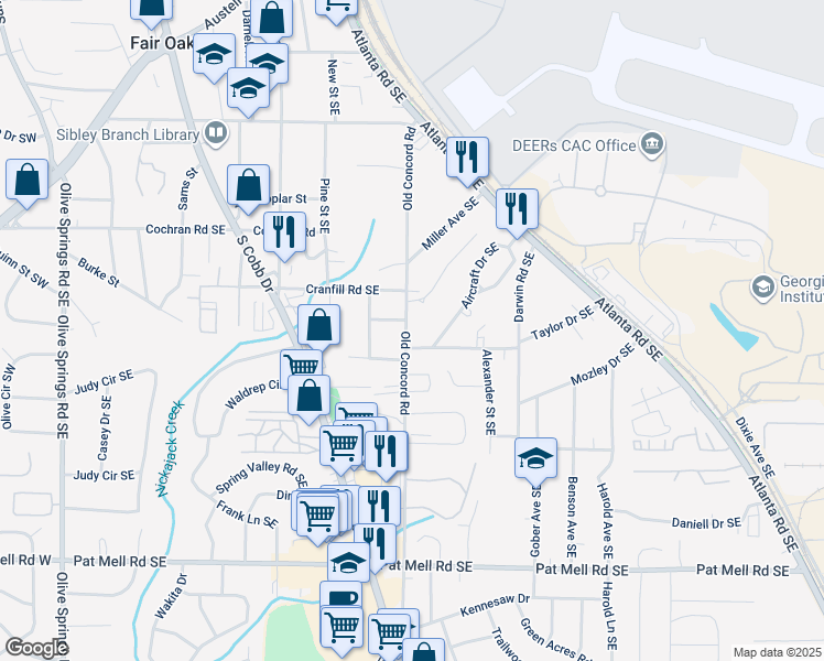 map of restaurants, bars, coffee shops, grocery stores, and more near 1806 Old Concord Road in Marietta