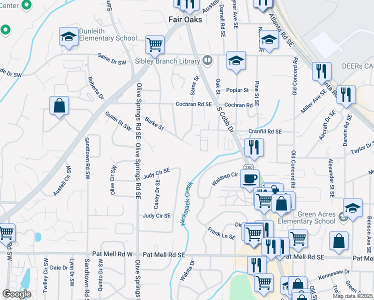 map of restaurants, bars, coffee shops, grocery stores, and more near 150 Burke Street in Marietta