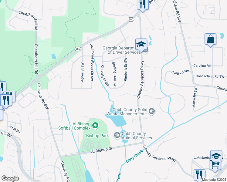 map of restaurants, bars, coffee shops, grocery stores, and more near 1773 Kimberly Drive Southwest in Marietta