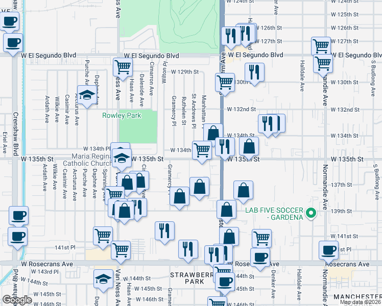 map of restaurants, bars, coffee shops, grocery stores, and more near 1908 West 134th Place in Gardena