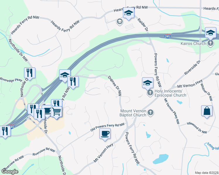 map of restaurants, bars, coffee shops, grocery stores, and more near 5684 River Oaks Place Northwest in Atlanta