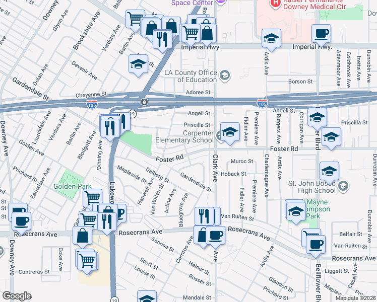map of restaurants, bars, coffee shops, grocery stores, and more near 9303 Foster Road in Downey