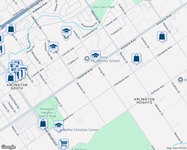 map of restaurants, bars, coffee shops, grocery stores, and more near 8950 Victoria Avenue in Riverside