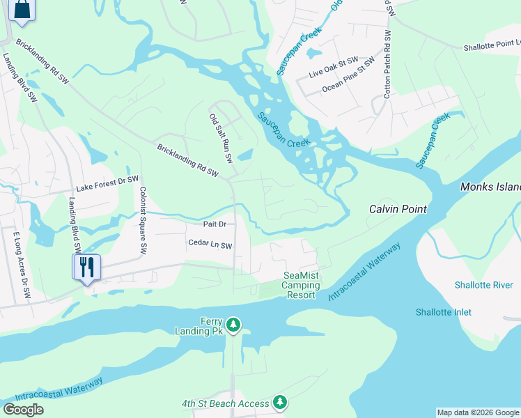 map of restaurants, bars, coffee shops, grocery stores, and more near 1809 Brick Landing Road Southwest in Shallotte