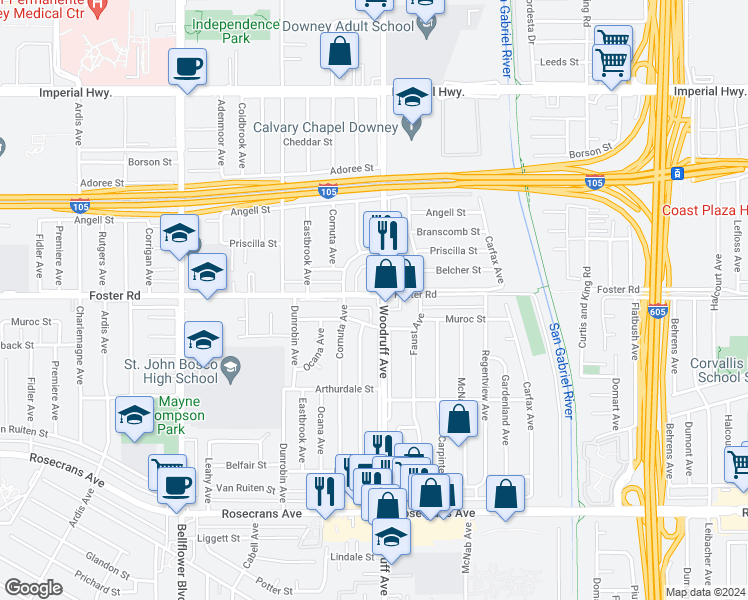 map of restaurants, bars, coffee shops, grocery stores, and more near 13407 Woodruff Avenue in Bellflower
