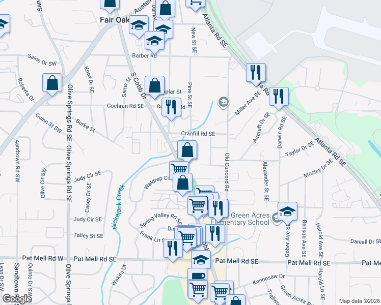 map of restaurants, bars, coffee shops, grocery stores, and more near 1794 James Ray Dr SE in Marietta