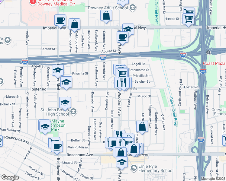 map of restaurants, bars, coffee shops, grocery stores, and more near 10018 Foster Road in Bellflower