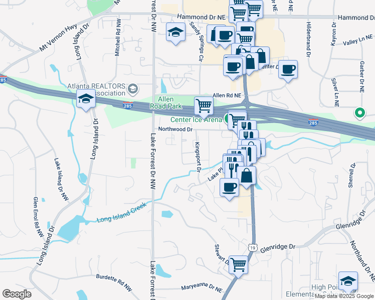 map of restaurants, bars, coffee shops, grocery stores, and more near 5560 Kingsport Drive in Atlanta