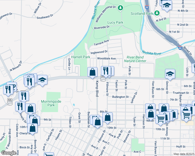 map of restaurants, bars, coffee shops, grocery stores, and more near Seymour Hwy & Kemp Blvd in Wichita Falls