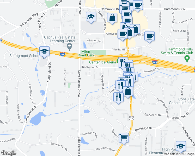 map of restaurants, bars, coffee shops, grocery stores, and more near 5656 Kingsport Drive in Atlanta