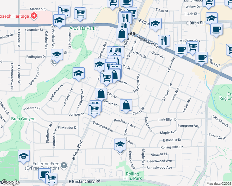 map of restaurants, bars, coffee shops, grocery stores, and more near 301 East Fir Street in Brea