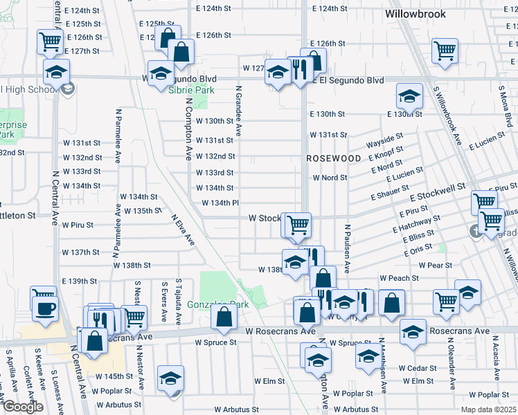 map of restaurants, bars, coffee shops, grocery stores, and more near 1720 North Graham Avenue in Compton
