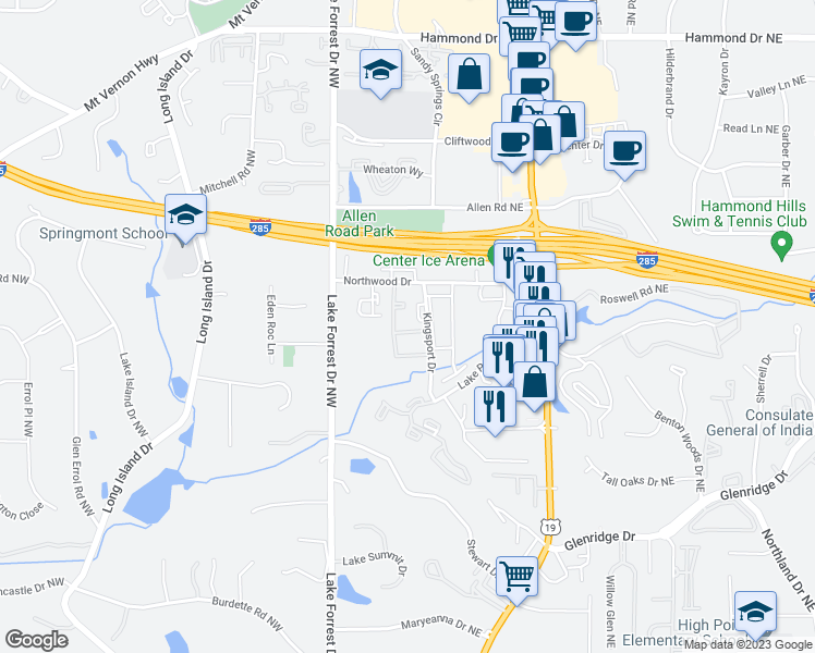 map of restaurants, bars, coffee shops, grocery stores, and more near 5660 Kingsport Drive in Atlanta