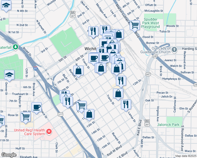 map of restaurants, bars, coffee shops, grocery stores, and more near 906 Travis Street in Wichita Falls