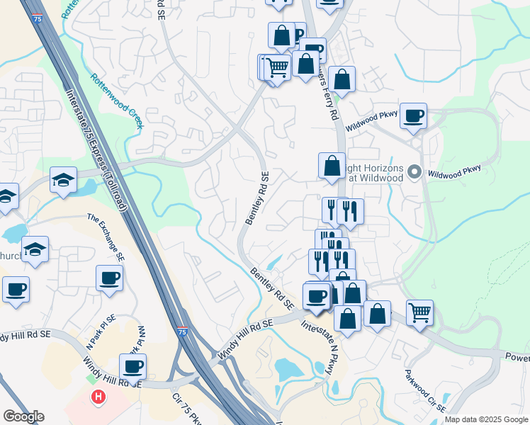 map of restaurants, bars, coffee shops, grocery stores, and more near 934 Wood Hollow Drive in Marietta