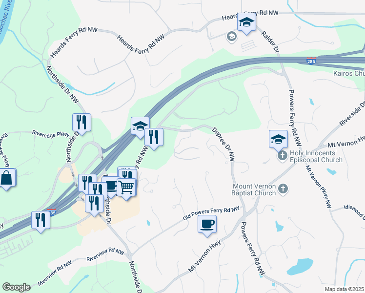 map of restaurants, bars, coffee shops, grocery stores, and more near 5590 Dupree Drive Northwest in Sandy Springs