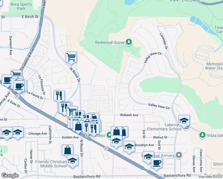 map of restaurants, bars, coffee shops, grocery stores, and more near 16991 Lake Terrace Way in Yorba Linda