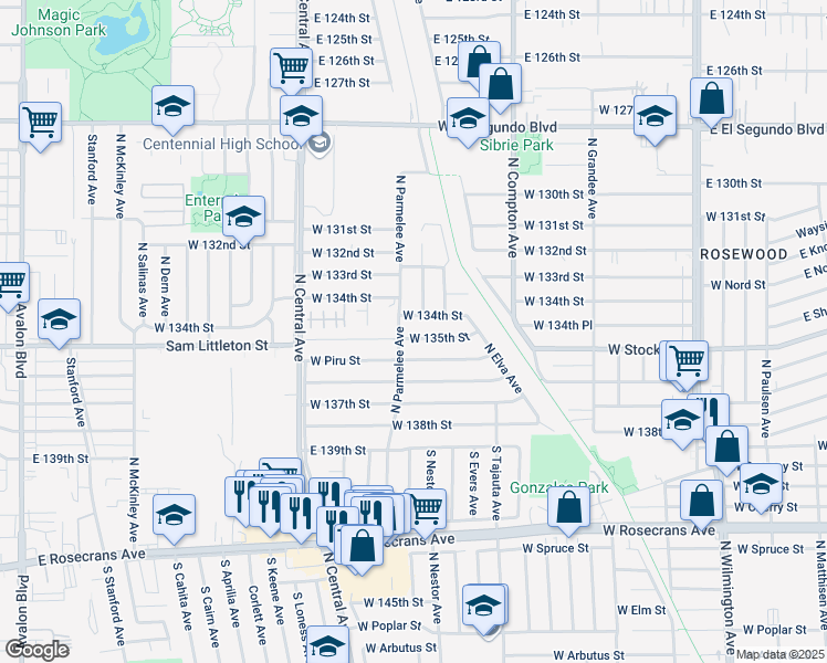 map of restaurants, bars, coffee shops, grocery stores, and more near 1413 West Piru Street in Compton
