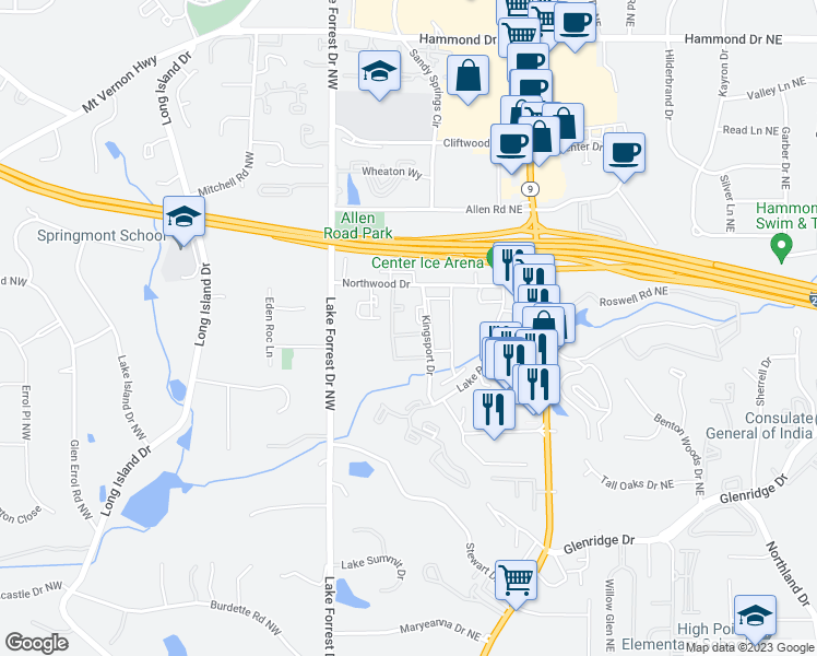 map of restaurants, bars, coffee shops, grocery stores, and more near 5672 Kingsport Drive in Atlanta