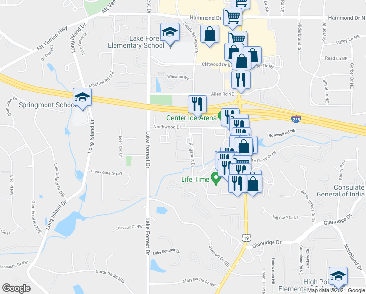 map of restaurants, bars, coffee shops, grocery stores, and more near 5560 Kingsport Drive in Atlanta