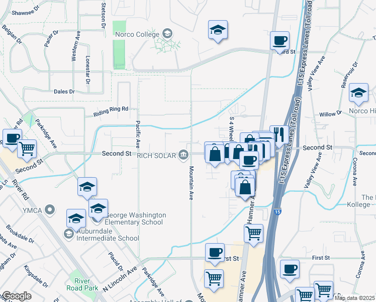 map of restaurants, bars, coffee shops, grocery stores, and more near 1910 Mountain Avenue in Norco