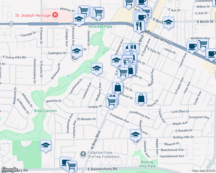 map of restaurants, bars, coffee shops, grocery stores, and more near 719 South Walnut Avenue in Brea
