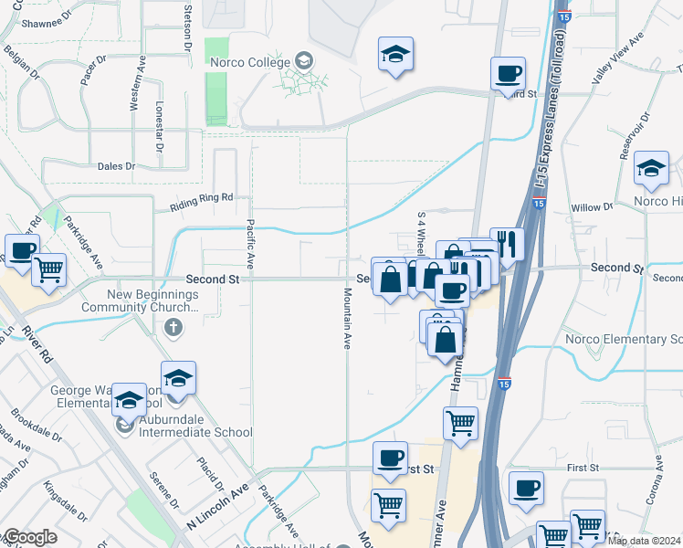 map of restaurants, bars, coffee shops, grocery stores, and more near 1910 Mountain Avenue in Norco