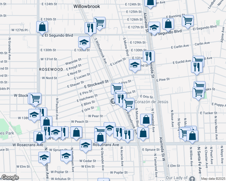 map of restaurants, bars, coffee shops, grocery stores, and more near 13519 South Willowbrook Avenue in Compton